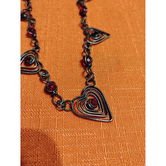 Heart shape wire choker necklace maybe sterling, red garnet colored beads hobo h - Picture 2 of 5